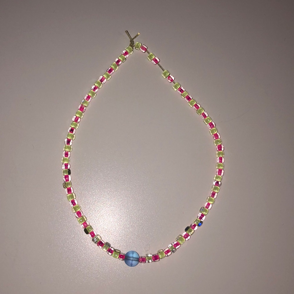 blue, green, and pink necklace